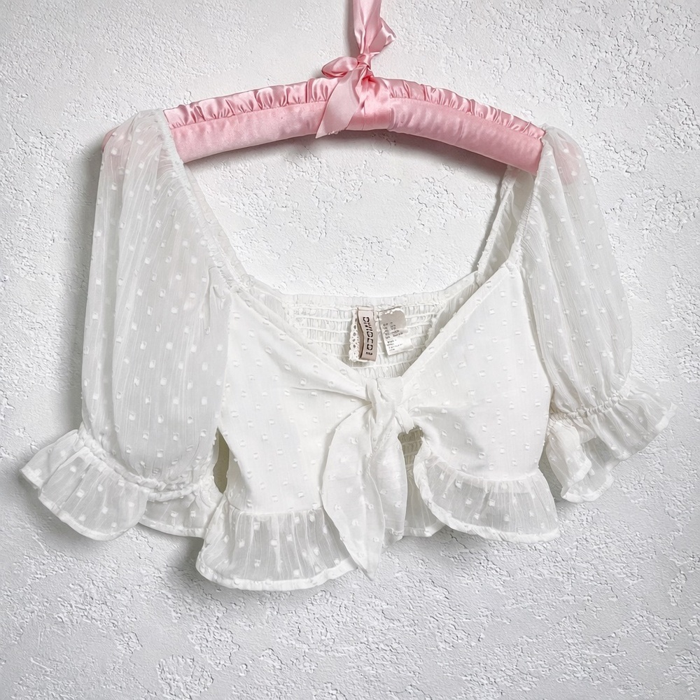 Vintage Inspired Fairycore Swiss Dot Tie Front Crop Blouse White Romantic xxs